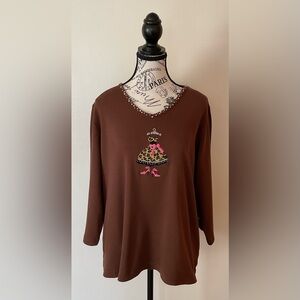 Bejeweled QUACKER FACTORY V Neck 3/4 Sleeve Top Large